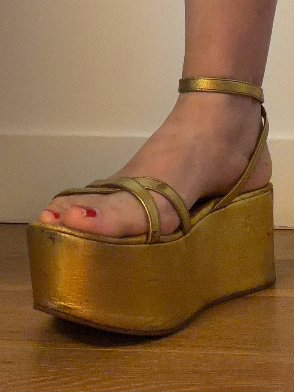 Prada Gold Metallic Platform Ankle-Strap Sandals heavily worn out